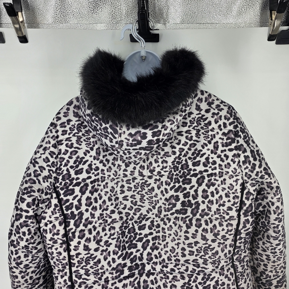 INTL DETAILS Leopard Puffer Coat Womens 1X Black Faux Fur Hood Winter Jacket - Picture 4 of 9